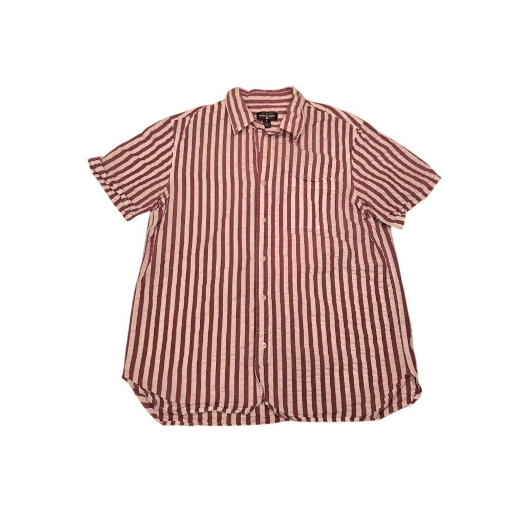 Houston White Mens Large Short Sleeve Striped Button Down Shirt Burgundy White